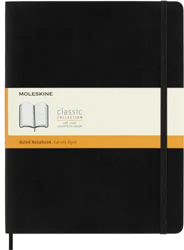 Moleskine - Carnet de Notes Classique Papier à Rayures - Journal Couverture Souple et Fermeture par Elastique - Couleur Noir - Taille Très Grand Format 19 x 25 cm - 192 Pages