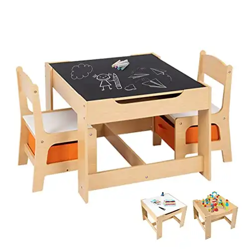 COSTWAY Table Enfant avec Chaise, Petite Table Enfant Tableau Amovible à 2 Faces et 2 Boîtes