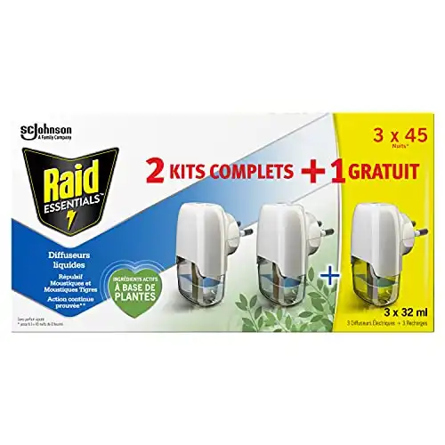Raid Essentials Diffuseurs Électriques Liquides Répulsifs Moustiques + Recharges, 45 Nuits