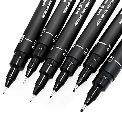 Uni Pin - Lot de 6 stylos à dessin - Encre noire - Pointe fine de 0,03 à 0,8 mm