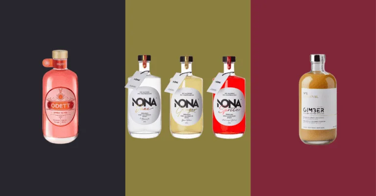 Apéritif sans alcool Sélection des marques belges Quatre bouteilles de gin sur fond coloré.