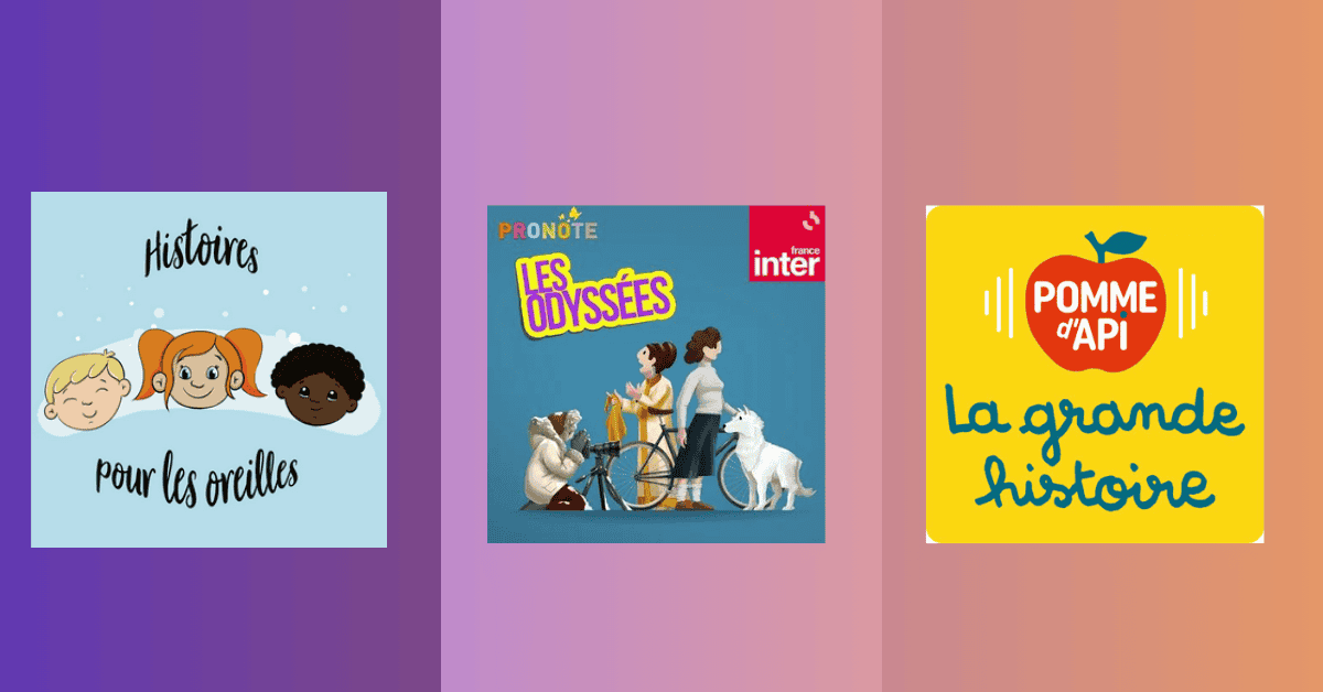 Trois meilleurs podcasts pour enfants avec des couvertures colorées, illustrées et du texte.