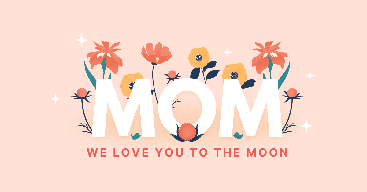 Illustration du mot "maman" entouré de fleurs colorées, avec le texte "nous t'aimons jusqu'à la lune" en dessous sur fond pêche, parfait comme cadeau pour la fête des meres