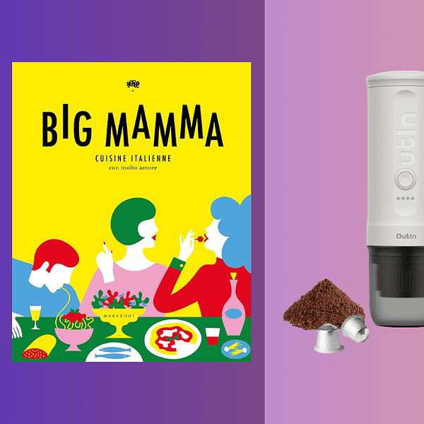 Un livre de recettes coloré intitulé « Big Mamma », une cafetière portable avec expresso et marc de café, et un service à thé avec trois boîtes à thé et accessoires sur fond dégradé constituent de parfaits cadeaux de fête des mères pour toute maman gourmande.