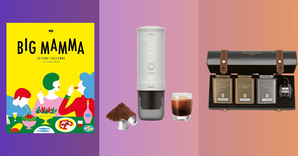 Un livre de recettes coloré intitulé « Big Mamma », une cafetière portable avec expresso et marc de café, et un service à thé avec trois boîtes à thé et accessoires sur fond dégradé constituent de parfaits cadeaux de fête des mères pour toute maman gourmande.