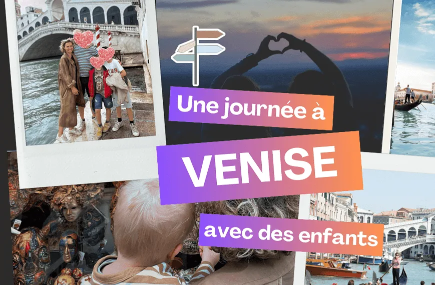 Collage de scènes de Venise intitulé "Une journée à Venise avec des enfants", mettant en vedette des gondoles, des ponts et de délicieuses activités familiales.