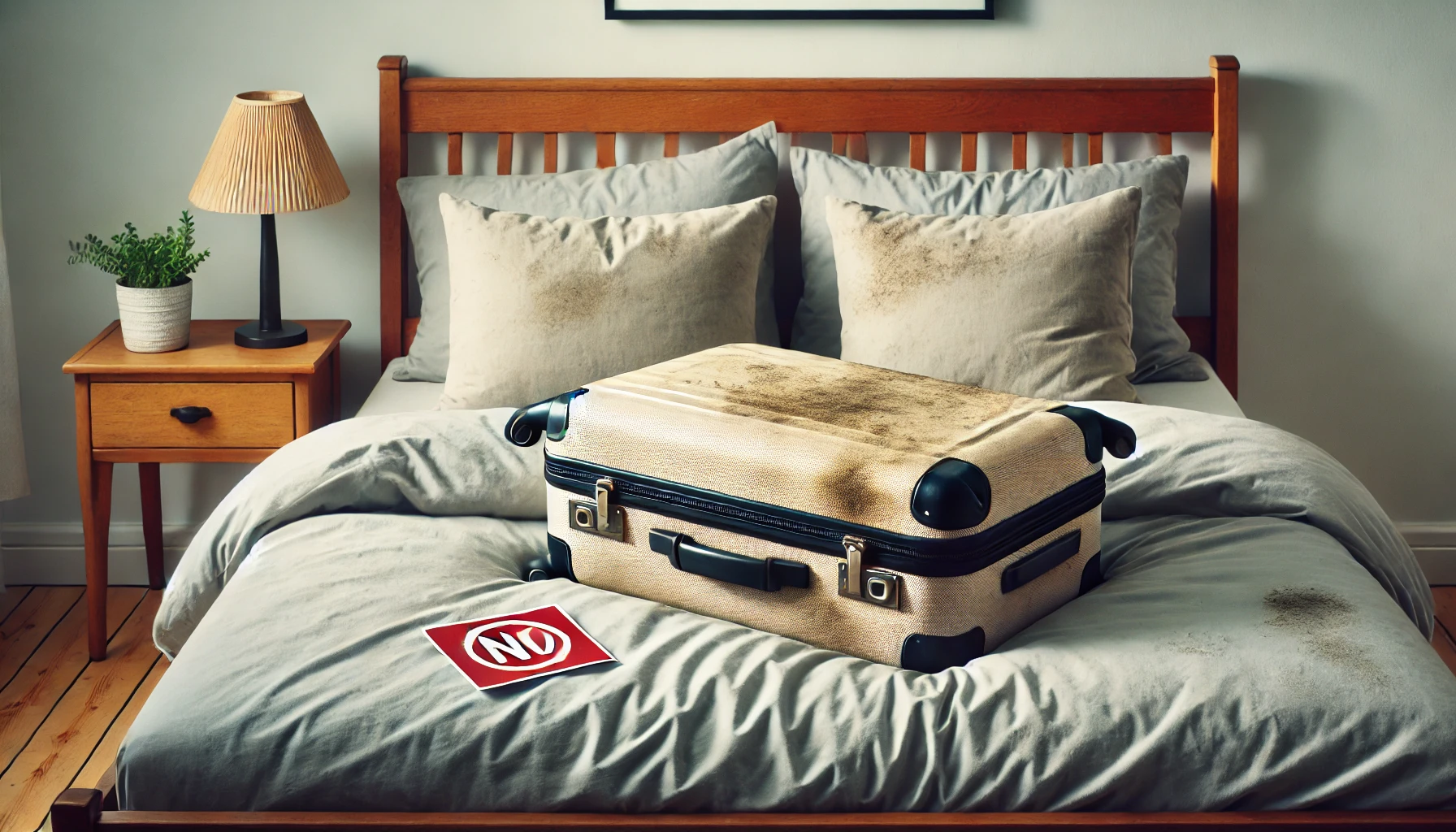 Découvrez pourquoi poser votre valise sur le lit est une mauvaise idée. Apprenez des astuces simples pour garder votre lit propre et préserver votre santé. Une valise usée repose sur un lit défait avec des draps et des oreillers gris. Une pancarte avec la mention « poser vos valises sur votre lit : NON » est placée à côté de la valise. La chambre dispose d'un cadre de lit en bois et d'une table de nuit avec une lampe.