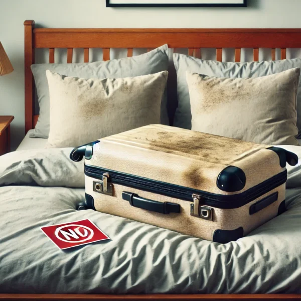 Découvrez pourquoi poser votre valise sur le lit est une mauvaise idée. Apprenez des astuces simples pour garder votre lit propre et préserver votre santé. Une valise usée repose sur un lit défait avec des draps et des oreillers gris. Une pancarte avec la mention « poser vos valises sur votre lit : NON » est placée à côté de la valise. La chambre dispose d'un cadre de lit en bois et d'une table de nuit avec une lampe.