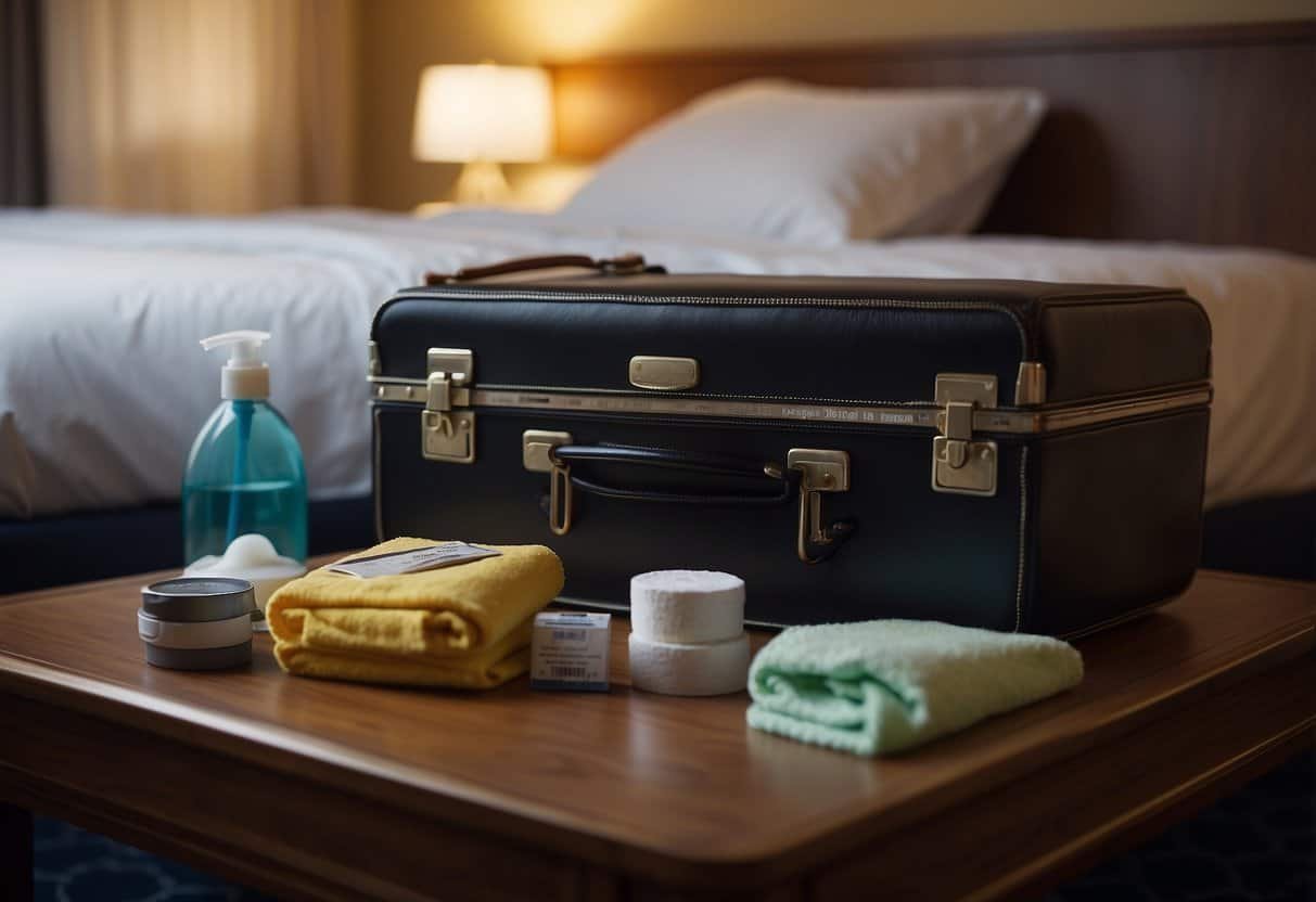 Hotel room with open suitcase on bed, cleaning supplies nearby. Sign reads "Never place luggage on bed." Maintenance worker tidies room