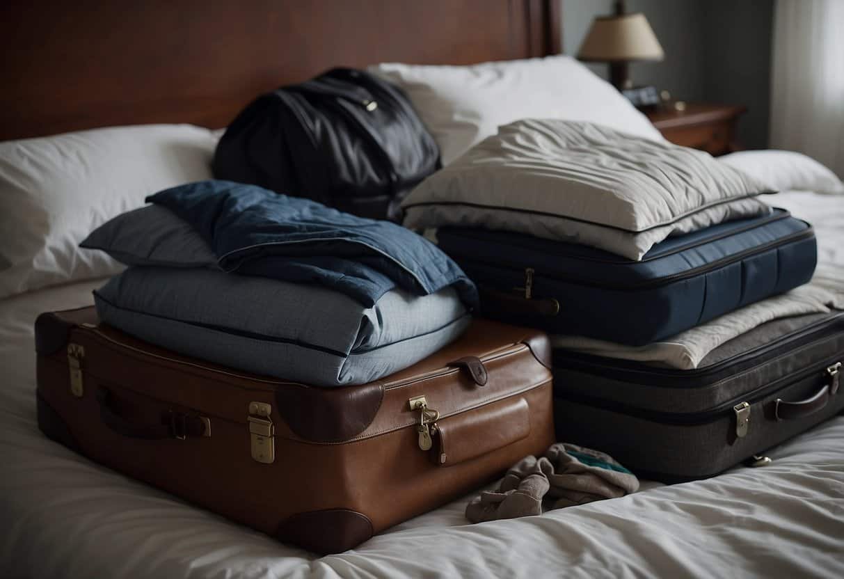 Baggage on bed causes mess. Items spill, blankets rumple, and pillows scatter. A warning against placing luggage on the bed