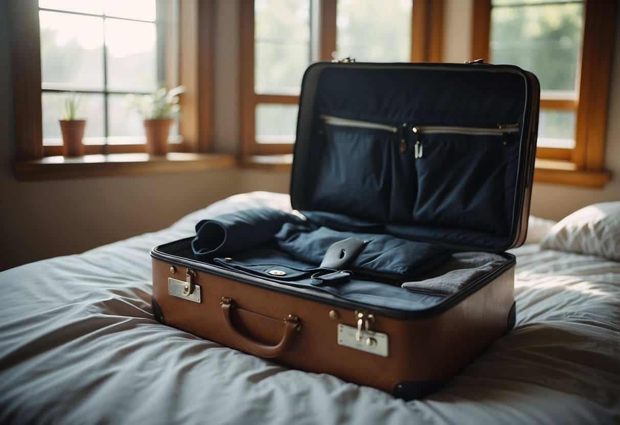 A suitcase sits on a bed, as if forgotten. The room is empty, with sunlight streaming through the window