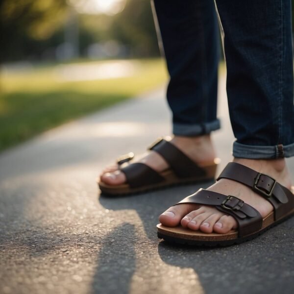 Gros plan d'une personne portant des sandales marron foncé avec des boucles et un jean retroussé, debout sur une allée de parc avec de l'herbe et des arbres en arrière-plan, montrant comment associer des Birkenstock pour un ajustement parfait.