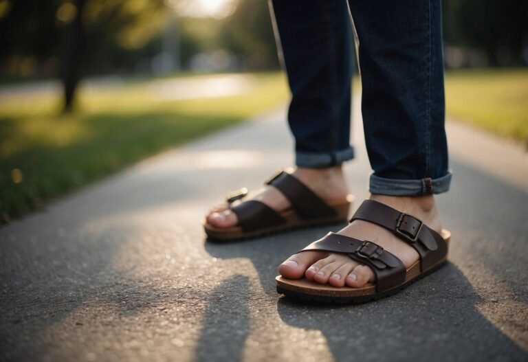 Gros plan d'une personne portant des sandales marron foncé avec des boucles et un jean retroussé, debout sur une allée de parc avec de l'herbe et des arbres en arrière-plan, montrant comment associer des Birkenstock pour un ajustement parfait.