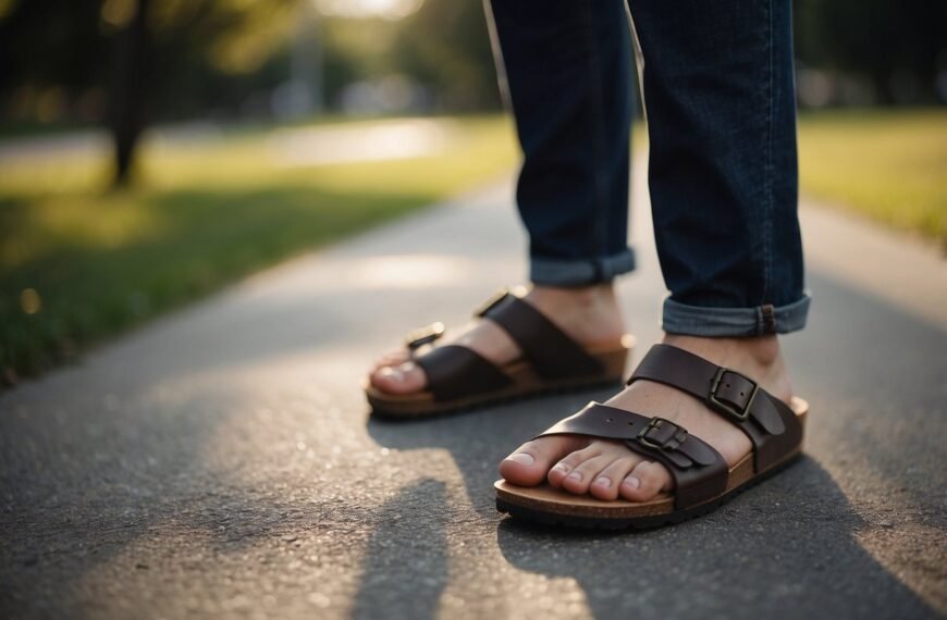 Gros plan d'une personne portant des sandales marron foncé avec des boucles et un jean retroussé, debout sur une allée de parc avec de l'herbe et des arbres en arrière-plan, montrant comment associer des Birkenstock pour un ajustement parfait.