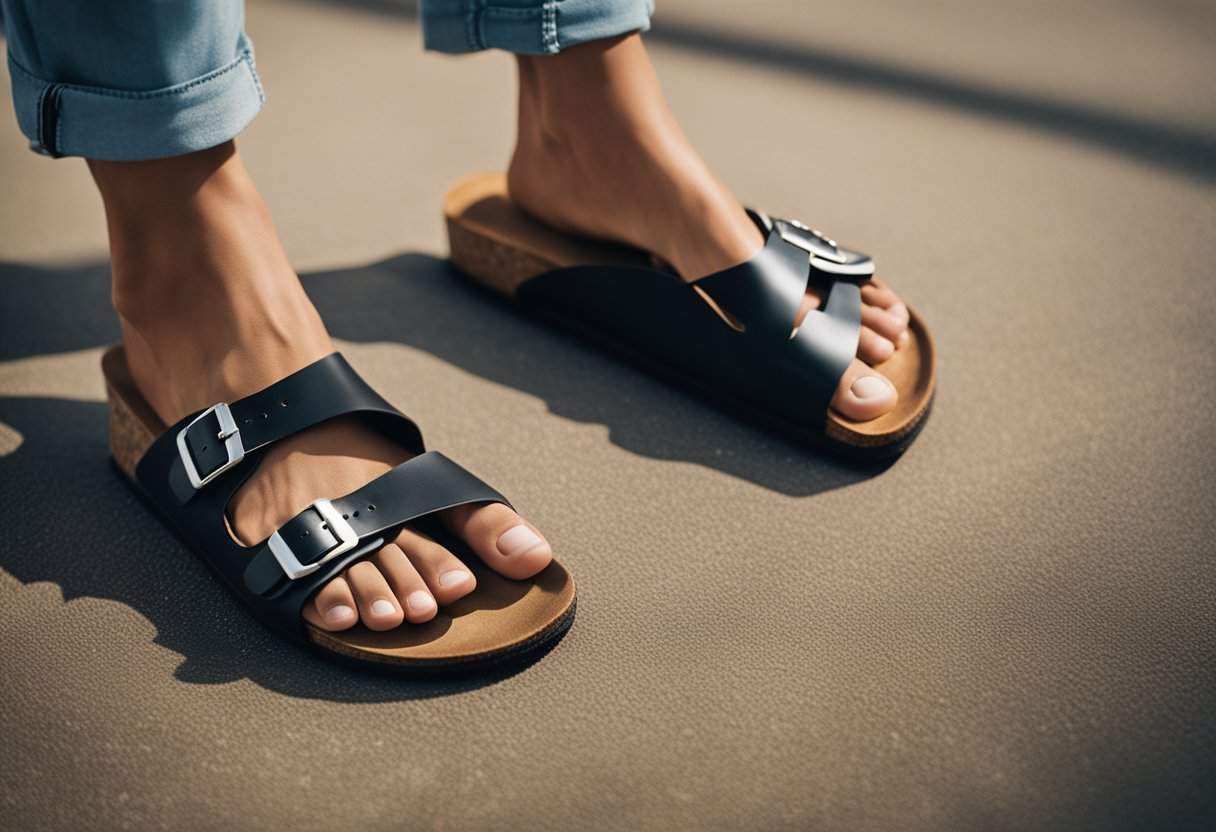 A pair of Birkenstock sandals being stretched and bent to break them in