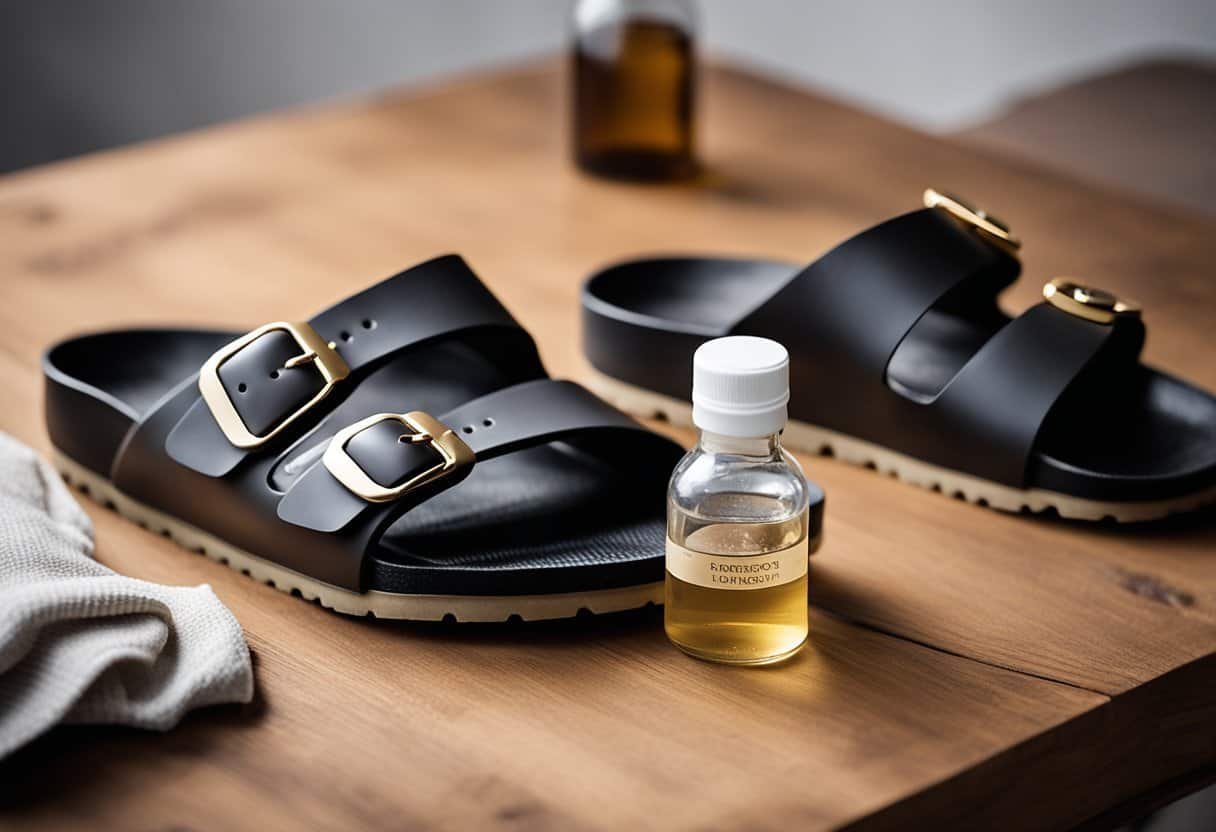 A pair of new Birkenstock sandals placed on a wooden surface with a small bottle of leather conditioner and a soft cloth nearby