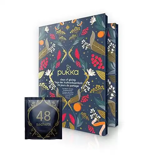 Pukka, Calendrier de l'Avent 2024, Thés et Infusions Bio, Idée Cadeau Femme et Homme| Assortiment de Thés Gourmands, 48 Thés Noirs, Verts et Infusions