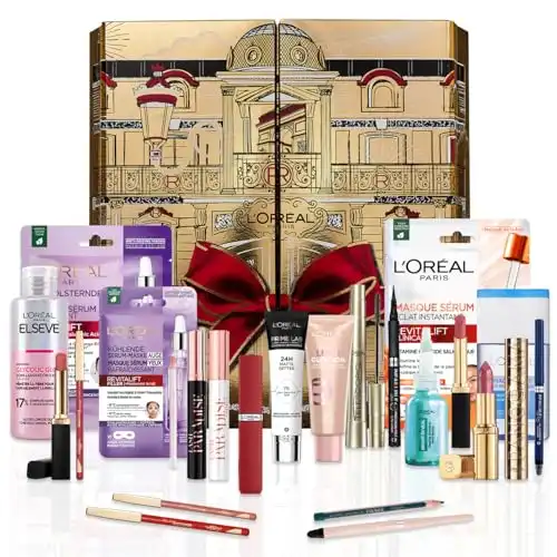 L'Oréal Paris - Calendrier de l'Avent 24 Jours - Coffret Cadeau Noël - Maquillage, Soins Visage et Cheveux - 24 Produits de Beauté Incontournables en Taille Réelle