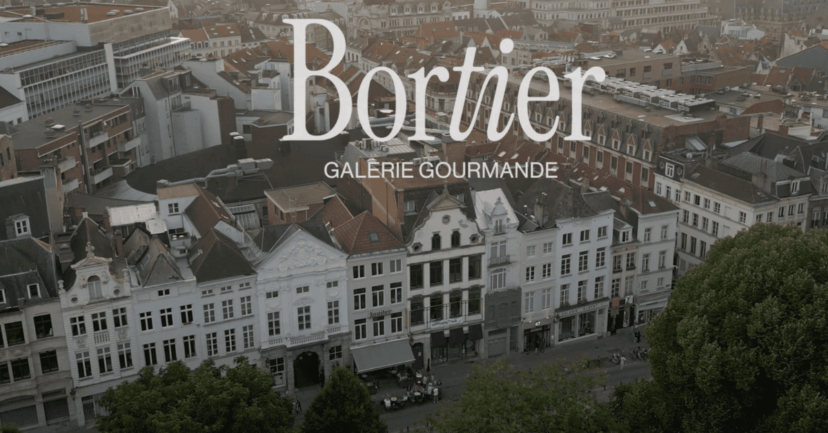 Vue aérienne d'une rue européenne de Bruxelles avec des bâtiments historiques. Le texte superposé indique « Bortier Galerie Gourmande », faisant allusion au marché alimentaire animé et à la gastronomie riche qui définissent le charme de la ville.