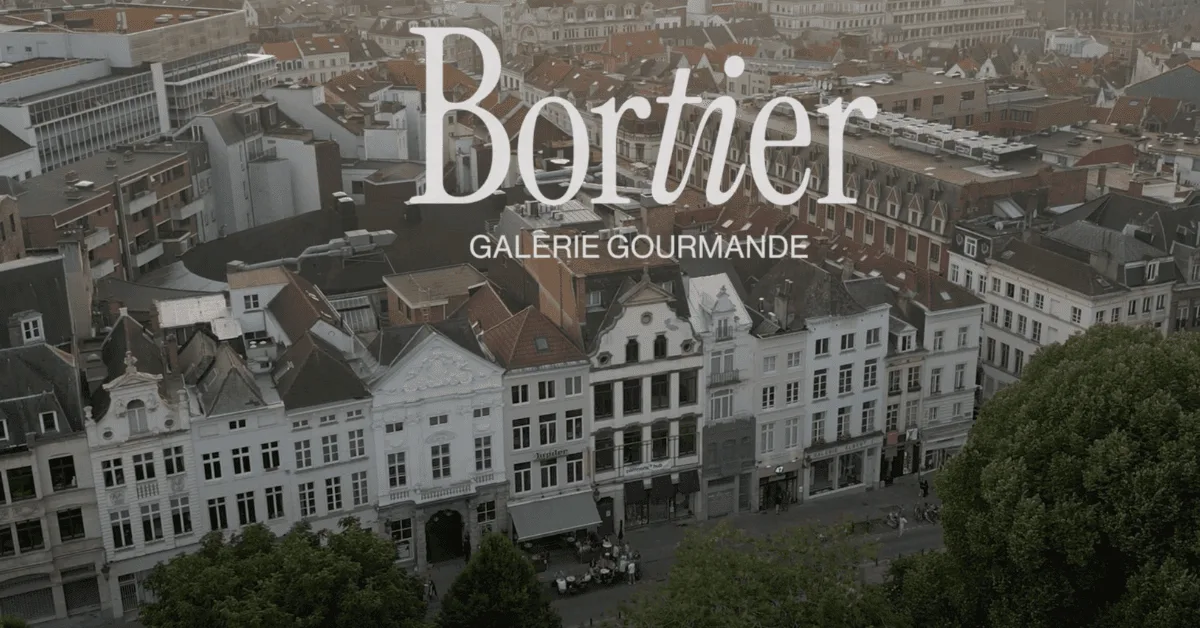 Vue aérienne d'une rue européenne de Bruxelles avec des bâtiments historiques. Le texte superposé indique « Bortier Galerie Gourmande », faisant allusion au marché alimentaire animé et à la gastronomie riche qui définissent le charme de la ville.