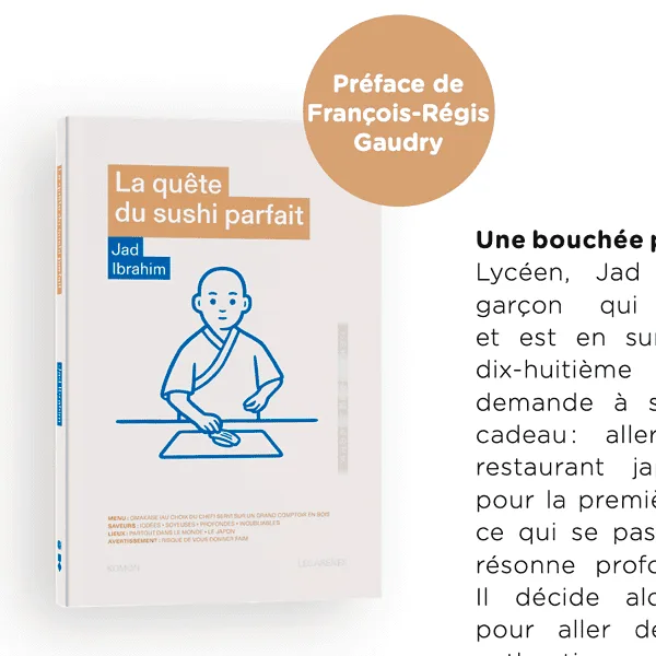 Couverture de livre avec un dessin minimaliste d'une personne avec un tapis de sushi, un cercle marron avec du texte au-dessus et un texte français décrivant le voyage d'un adolescent avec les sushis.