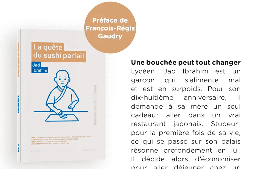 Couverture de livre avec un dessin minimaliste d'une personne avec un tapis de sushi, un cercle marron avec du texte au-dessus et un texte français décrivant le voyage d'un adolescent avec les sushis.