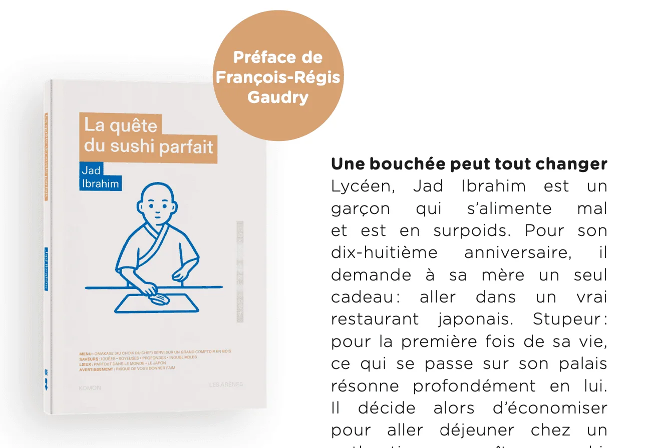 Couverture de livre avec un dessin minimaliste d'une personne avec un tapis de sushi, un cercle marron avec du texte au-dessus et un texte français décrivant le voyage d'un adolescent avec les sushis.