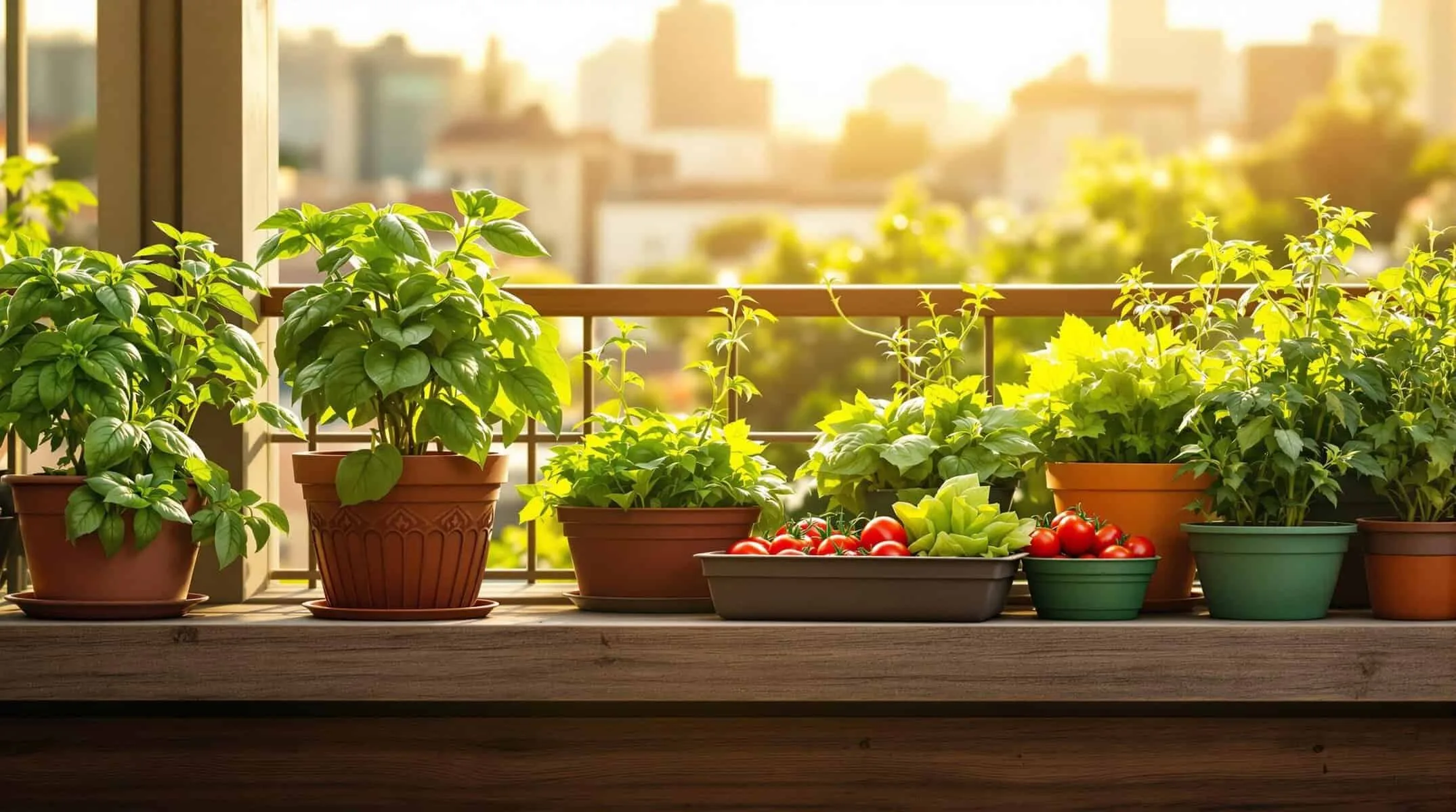Herbes et légumes en pot sur une balustrade de balcon avec un horizon de la ville et un coucher de soleil en arrière-plan.