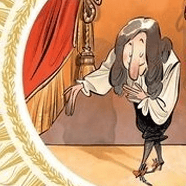 Personnage de dessin animé avec de longs nœuds dans les cheveux sur scène entre des rideaux rouges ; une bordure ornée entoure la scène.