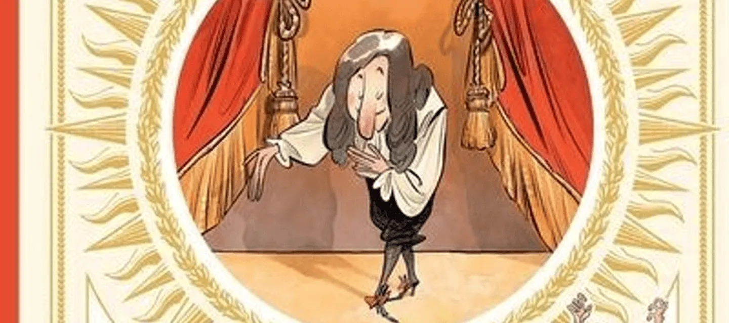 Personnage de dessin animé avec de longs nœuds dans les cheveux sur scène entre des rideaux rouges ; une bordure ornée entoure la scène.
