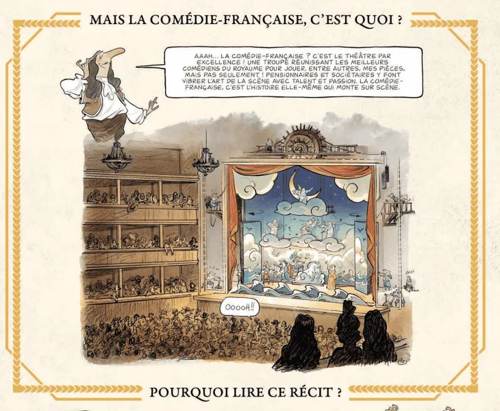 Un homme flotte au-dessus d'un public dans un théâtre, utilisant l'humour pour expliquer la Comédie-Française, tandis que les gens regardent une pièce sur scène avec un décor scénique, peut-être même une pièce de Molière.